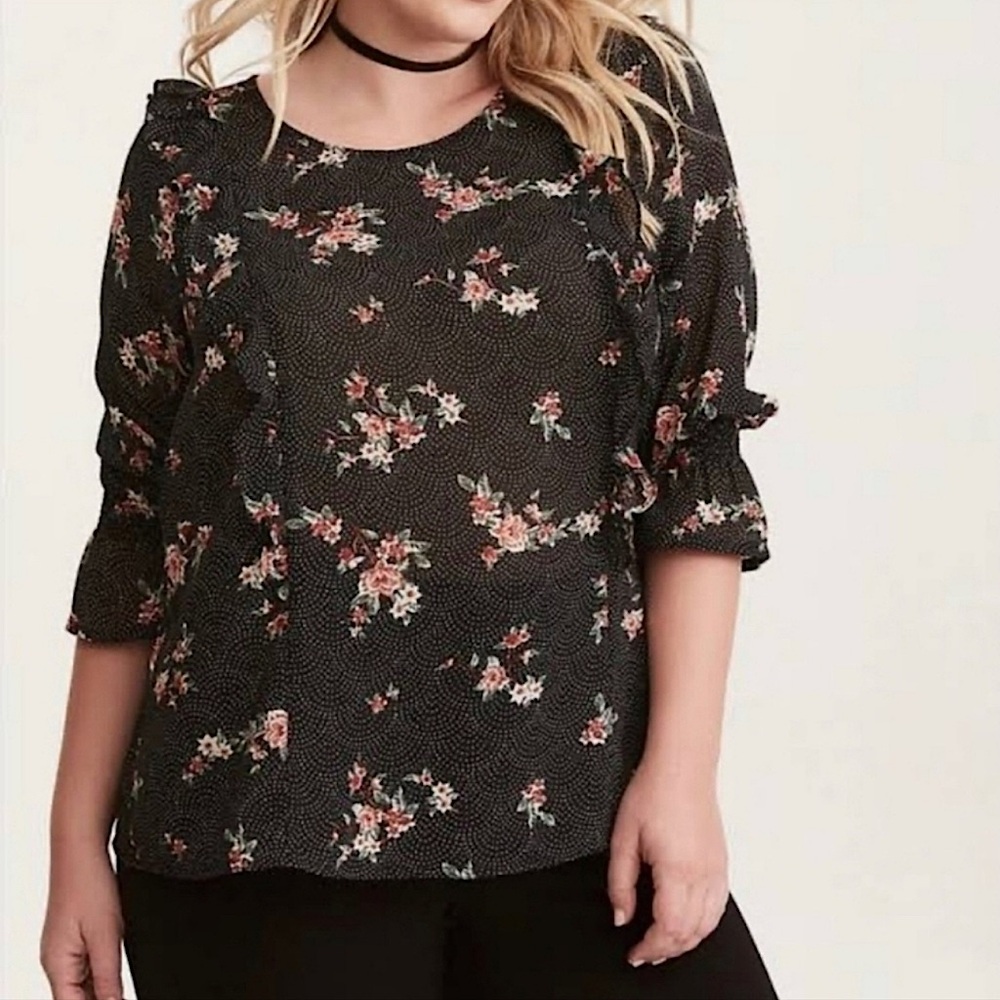 Torrid Lurex Chiffon Tiered Top Black with Micro Dots and Floral Print